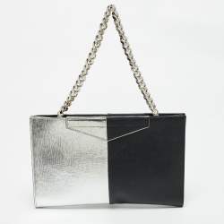 Pre Owned Fendi Silver/Black Leather Grande Chain Pochette