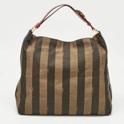 Pre Owned Fendi Tobacco/Red Pequin Stripe Canvas and Leather Hobo