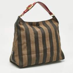 Pre Owned Fendi Tobacco/Red Pequin Stripe Canvas and Leather Hobo