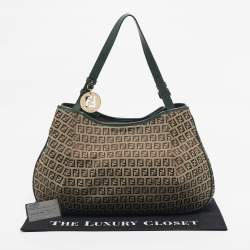 Pre Owned Fendi Green/Beige Zucchino Canvas Charm Shoulder Bag