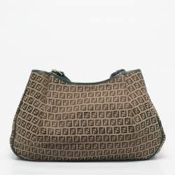 Pre Owned Fendi Green/Beige Zucchino Canvas Charm Shoulder Bag