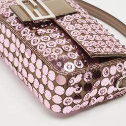 Pre Owned Fendi Pink/Beige Leather and Sequins Embellished Medium Baguette Bag