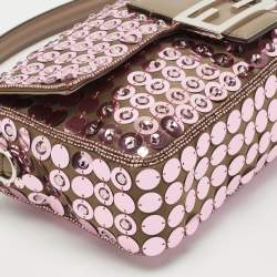 Pre Owned Fendi Pink/Beige Leather and Sequins Embellished Medium Baguette Bag