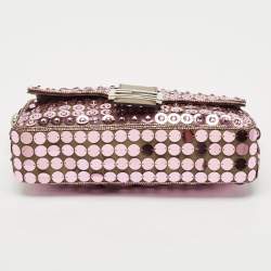 Pre Owned Fendi Pink/Beige Leather and Sequins Embellished Medium Baguette Bag