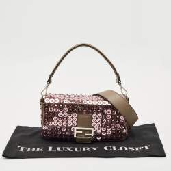 Pre Owned Fendi Pink/Beige Leather and Sequins Embellished Medium Baguette Bag