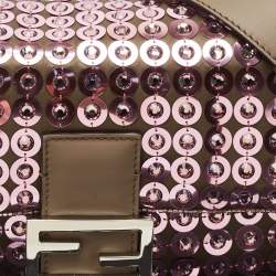 Pre Owned Fendi Pink/Beige Leather and Sequins Embellished Medium Baguette Bag