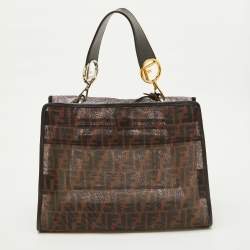 Pre Owned Fendi Zucca Leather and Mesh Runaway Top Handle Bag