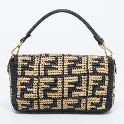 Pre Owned حقيبة باغيت متوسطة فنـدي رافيـا أسود/طبيعي FF