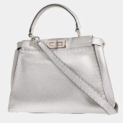 Pre Owned Fendi Peekaboo Silver Leather Handbag