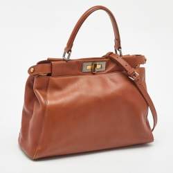Pre Owned Fendi Brown Leather Medium Peekaboo Top Handle Bag