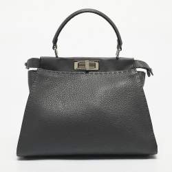 Pre Owned Fendi Grey Leather Medium Peekaboo Top Handle Bag