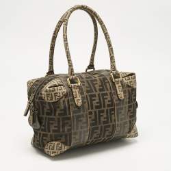 Pre Owned Fendi Brown/Beige Zucca Nylon and Coated Canvas Mixed Media Boston Bag