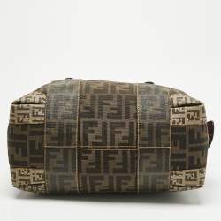 Pre Owned Fendi Brown/Beige Zucca Nylon and Coated Canvas Mixed Media Boston Bag