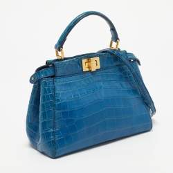 Pre Owned Fendi Blue Crocodile Mini Peekaboo Top Handle Bag