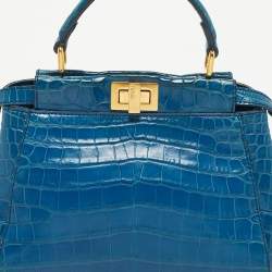 Pre Owned Fendi Blue Crocodile Mini Peekaboo Top Handle Bag