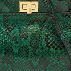 Pre Owned Fendi Green/Black Python Mini Peekaboo Top Handle Bag