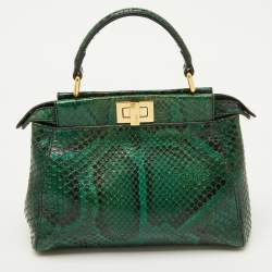 Pre Owned Fendi Green/Black Python Mini Peekaboo Top Handle Bag