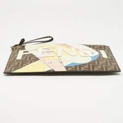 Pre Owned Fendi Tobacco Zucca Coated Canvas Inlay Girls Wristlet Flat Clutch