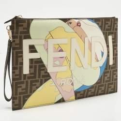 Pre Owned Fendi Tobacco Zucca Coated Canvas Inlay Girls Wristlet Flat Clutch
