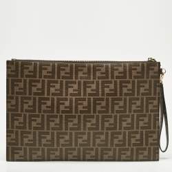 Pre Owned Fendi Tobacco Zucca Coated Canvas Inlay Girls Wristlet Flat Clutch