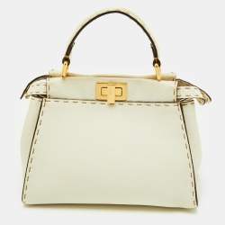 Pre Owned Fendi Off White Selleria Leather Mini Peekaboo Top Handle Bag