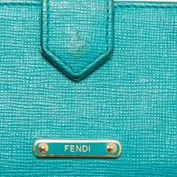 Pre Owned Fendi Teal Blue Saffiano Leather Gusset Card Holder
