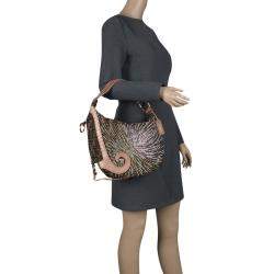 Pre Owned Fendi Tobacco/Beige Zucca Canvas and Leather Crystal Embellished Oyster Hobo