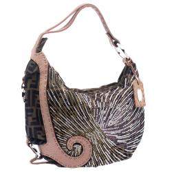 Pre Owned Fendi Tobacco/Beige Zucca Canvas and Leather Crystal Embellished Oyster Hobo