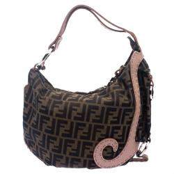 Pre Owned Fendi Tobacco/Beige Zucca Canvas and Leather Crystal Embellished Oyster Hobo