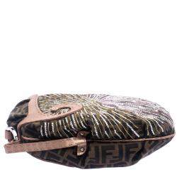 Pre Owned Fendi Tobacco/Beige Zucca Canvas and Leather Crystal Embellished Oyster Hobo