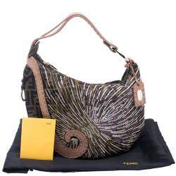 Pre Owned Fendi Tobacco/Beige Zucca Canvas and Leather Crystal Embellished Oyster Hobo