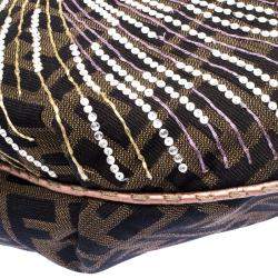 Pre Owned Fendi Tobacco/Beige Zucca Canvas and Leather Crystal Embellished Oyster Hobo