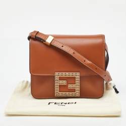 Pre Owned Fendi Brown Smooth Leather Crystal Fab Crossbody Bag
