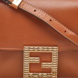 Pre Owned Fendi Brown Smooth Leather Crystal Fab Crossbody Bag
