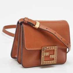 Pre Owned Fendi Brown Smooth Leather Crystal Fab Crossbody Bag