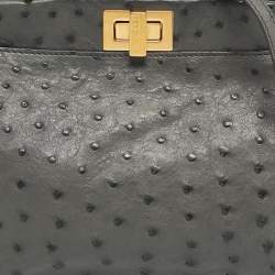 Pre Owned Fendi Grey Ostrich Leather Mini Peekaboo Top Handle Bag