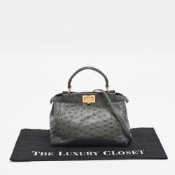 Pre Owned Fendi Grey Ostrich Leather Mini Peekaboo Top Handle Bag