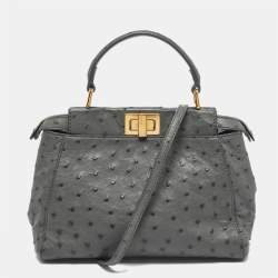 Pre Owned Fendi Grey Ostrich Leather Mini Peekaboo Top Handle Bag