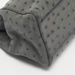 Pre Owned Fendi Grey Ostrich Leather Mini Peekaboo Top Handle Bag