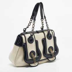 Pre Owned Fendi Black/Off White Patent Leather and Canvas B Shoulder Bag