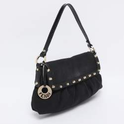Pre Owned Fendi Black Canvas and Patent Leather Small Studded Chef Shoulder Bag