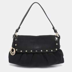 Pre Owned Fendi Black Canvas and Patent Leather Small Studded Chef Shoulder Bag