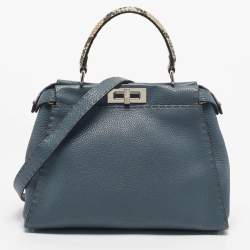 Pre Owned Fendi Blue/Beige Leather and Python Medium Peekaboo Top Handle Bag