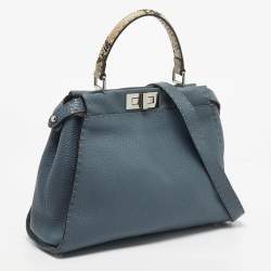 Pre Owned Fendi Blue/Beige Leather and Python Medium Peekaboo Top Handle Bag