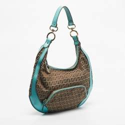 Pre Owned Fendi Blue/Beige Zucchino Canvas and Leather Pocket Chef Hobo