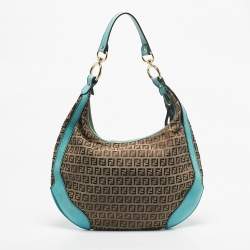 Pre Owned Fendi Blue/Beige Zucchino Canvas and Leather Pocket Chef Hobo