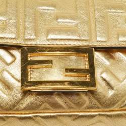 Pre Owned Fendi Gold Zucca Embossed Leather Mini Baguette Chain Bag