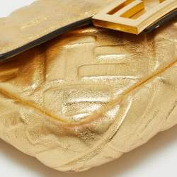 Pre Owned Fendi Gold Zucca Embossed Leather Mini Baguette Chain Bag