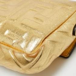 Pre Owned Fendi Gold Zucca Embossed Leather Mini Baguette Chain Bag