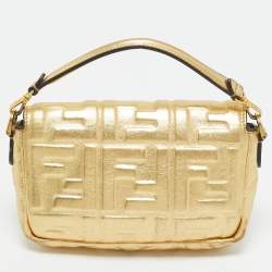 Pre Owned Fendi Gold Zucca Embossed Leather Mini Baguette Chain Bag